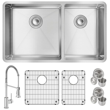 Elkay 18 Gauge SS 31-1/2" x 18-1/2" x 9" 60/40 Dbl Bowl Undermnt Sink and Faucet Kit w/ Btm Grid and Drain ECTRU32179RTFBC